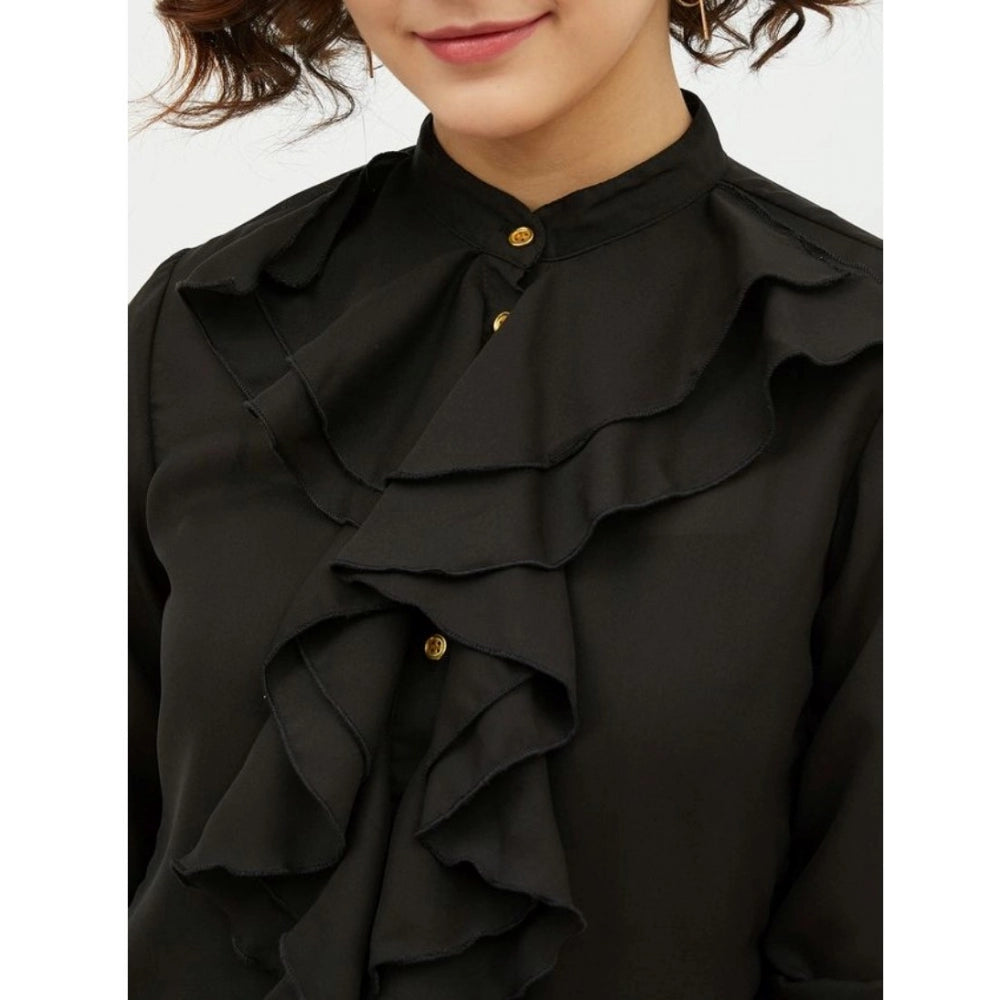 PKRKART Women's Polyester Ruffled Long Sleeves Standard Length Shirt (Black)