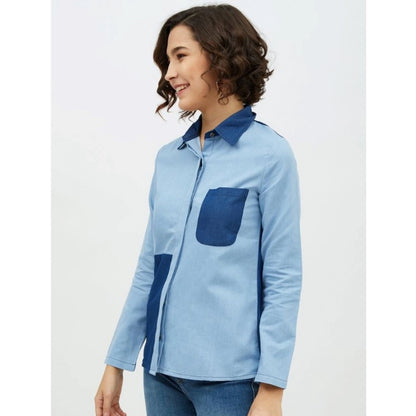 PKRKART Women's Denim Patch Work Long Sleeves Standard Length Shirt (Blue)
