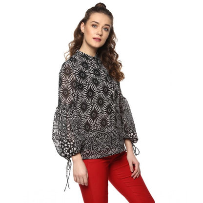 PKRKART Women's Polyester Printed Balloon Sleeve Top (Black - White)