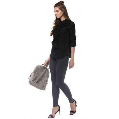 PKRKART Women's Polyester Ruffled Long Sleeves Top (Black)