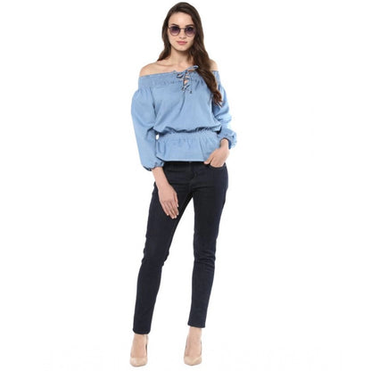 PKRKART Women's Denim Solid 3-4th Sleeves Regular Top (Blue)