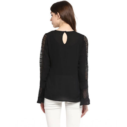 PKRKART Women's Polyester Georgette Self Design Bell Sleeve Regular Top (Black)
