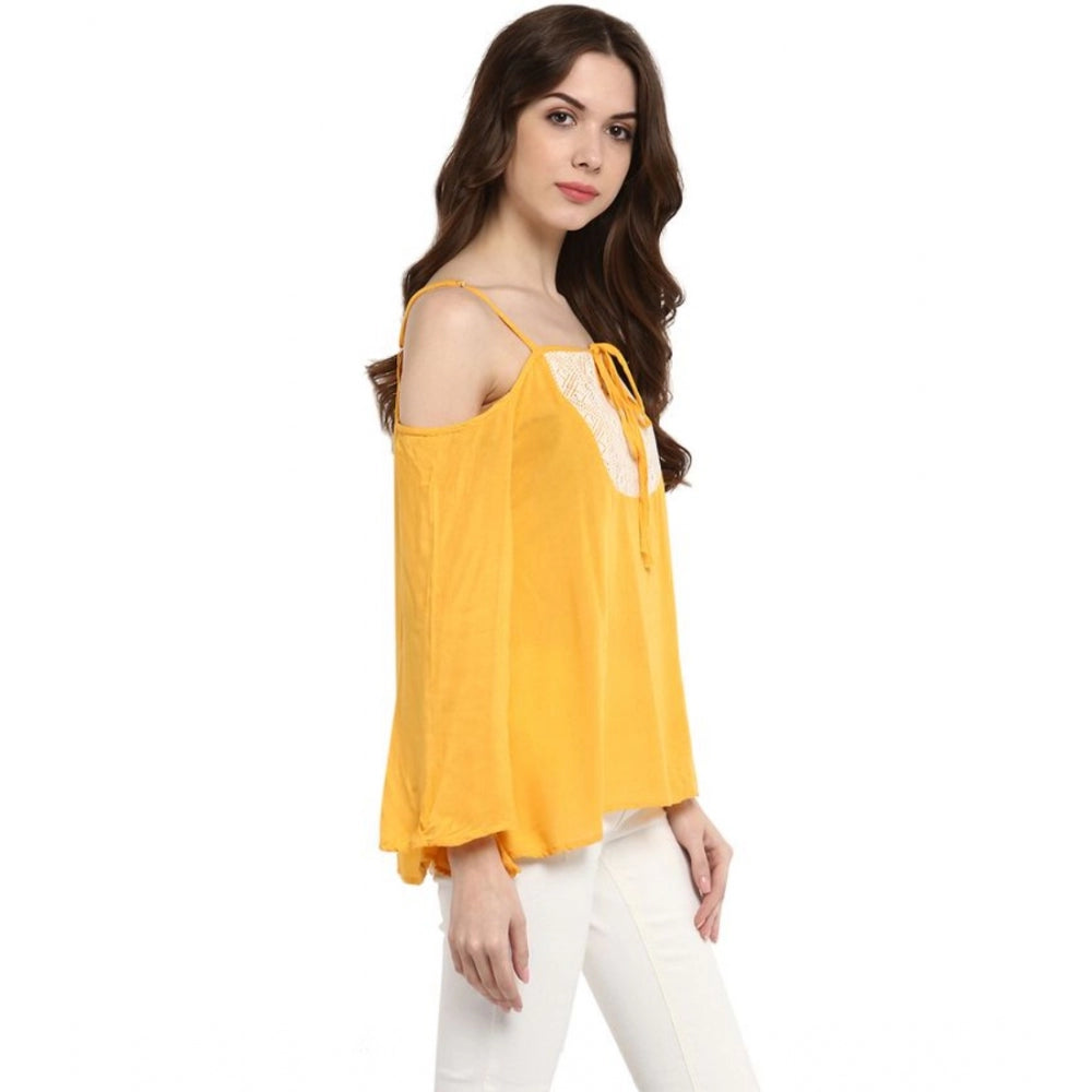 PKRKART Women's Rayon Embellished Cold Shoulder Regular Top (Mustard Yellow)