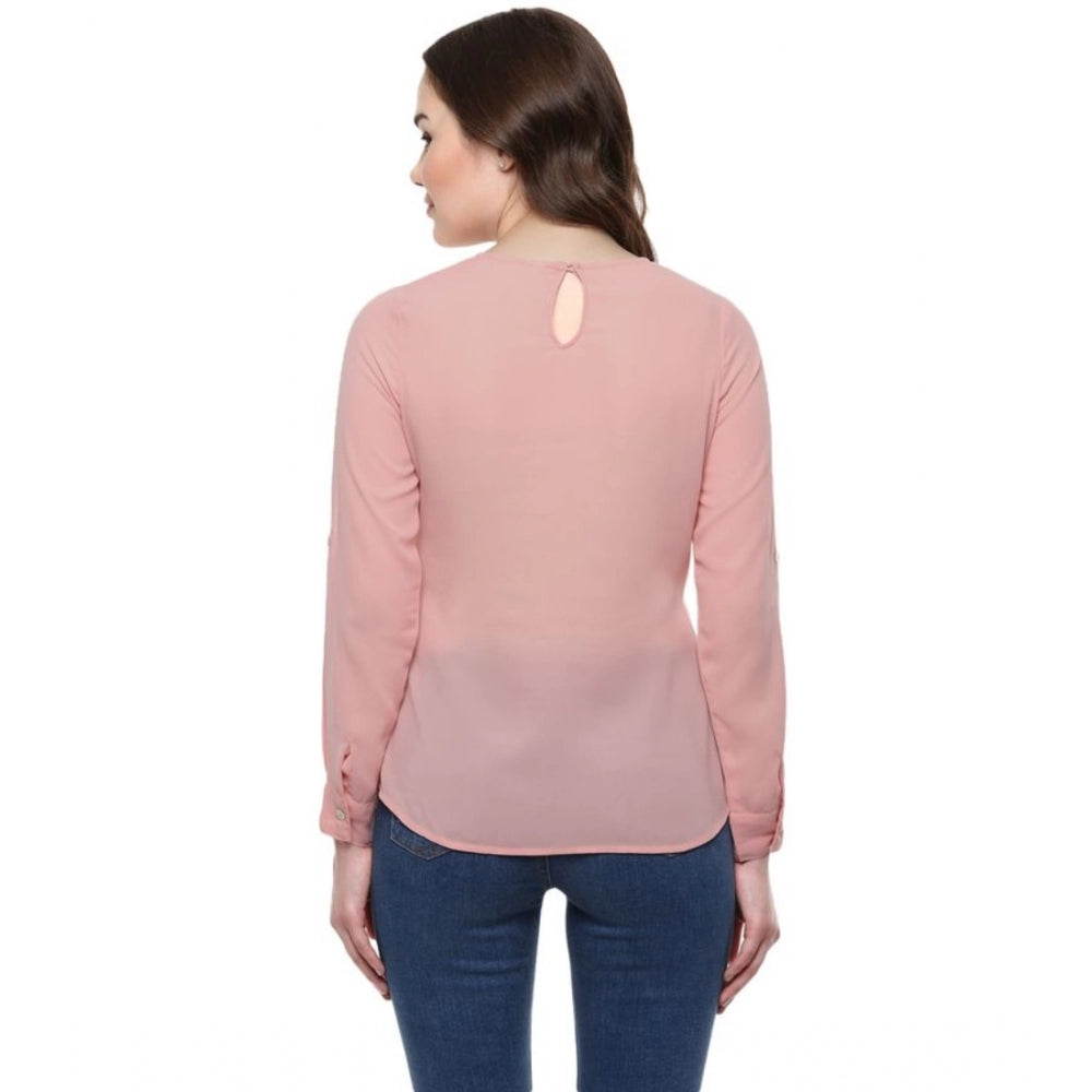 PKRKART Women's Polyester Solid Long Sleeves Regular Top (Pink)
