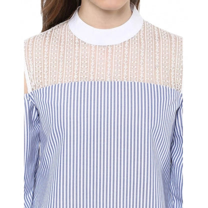 PKRKART Women's Cotton Striped Cold Shoulder Top (Blue)