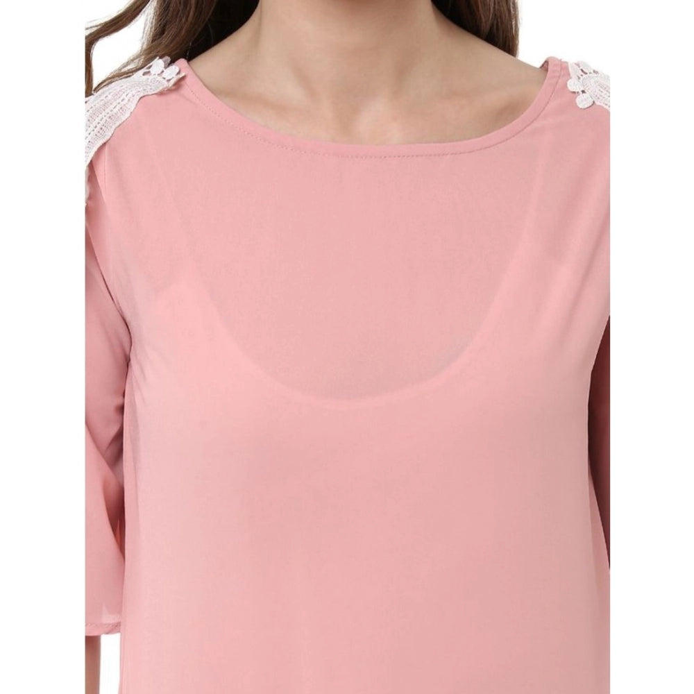 PKRKART Women's Polyester Lace Inserts Half Sleeve Top (Pink)