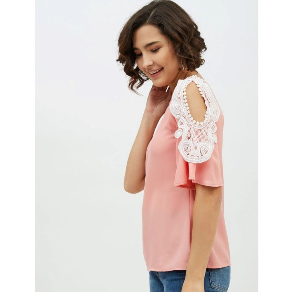 PKRKART Women's Polyester Lace Inserts Cold Shoulder Top (Pink)