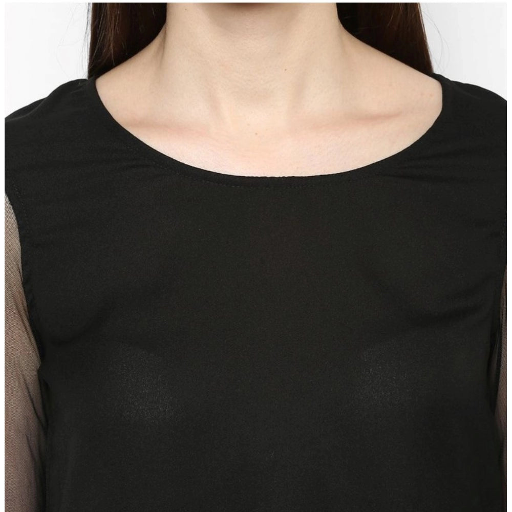 PKRKART Women's Polyester Solid Tier Sleeve Top (Black)