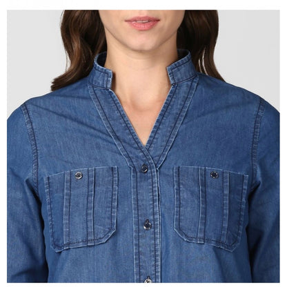 PKRKART Women's Denim Solid Long Sleeves Top (Blue)
