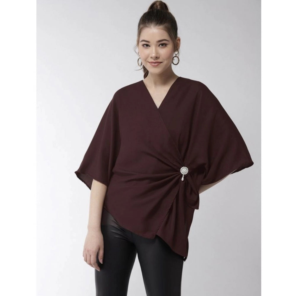 PKRKART Women's Polyester Solid Cape Sleeve Top (Maroon)