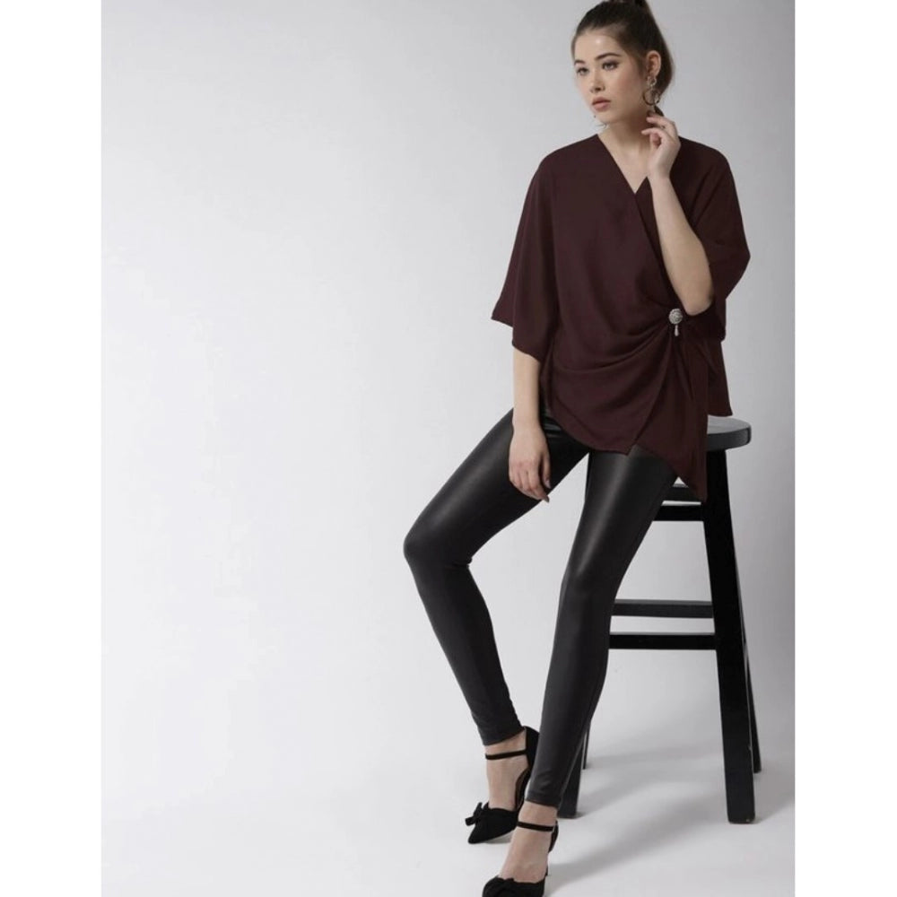 PKRKART Women's Polyester Solid Cape Sleeve Top (Maroon)