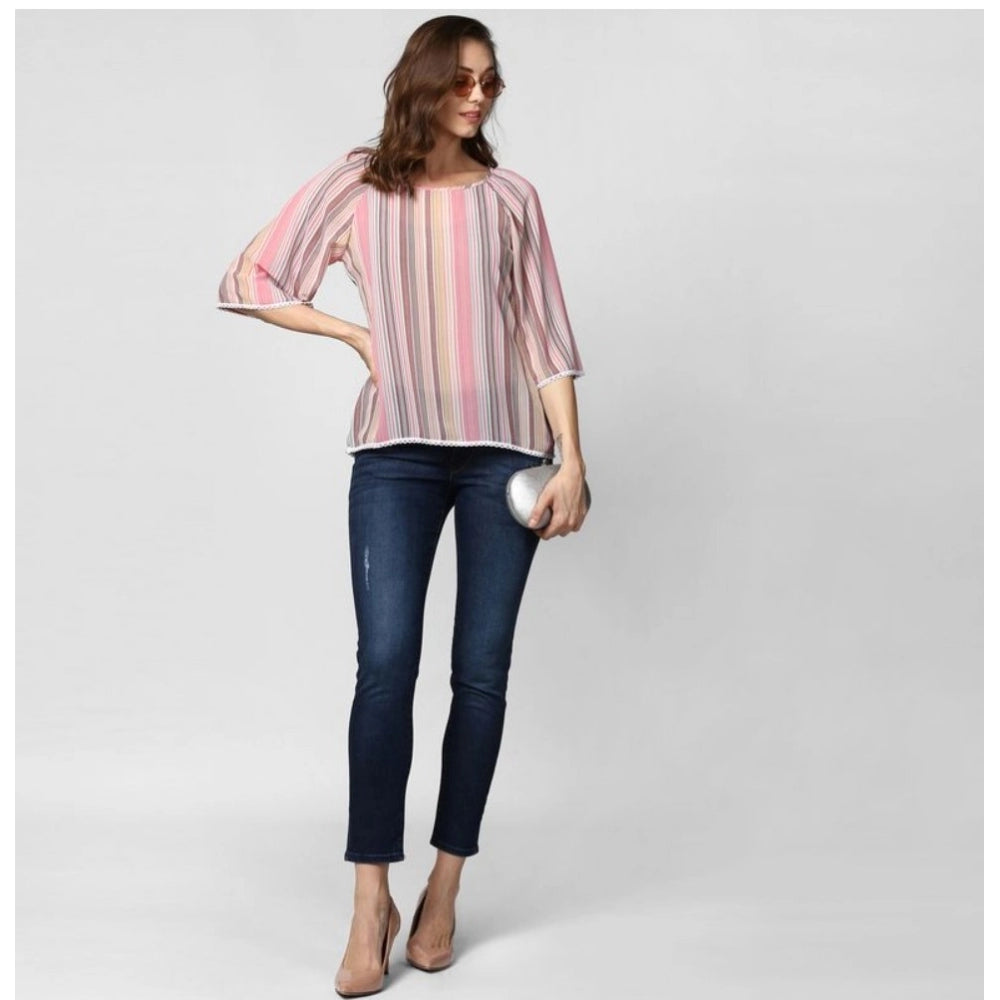 PKRKART Women's Polyester Striped 3-4th Sleeves Top (Pink)