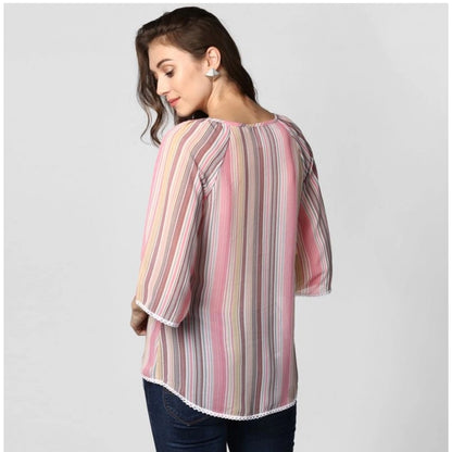 PKRKART Women's Polyester Striped 3-4th Sleeves Top (Pink)