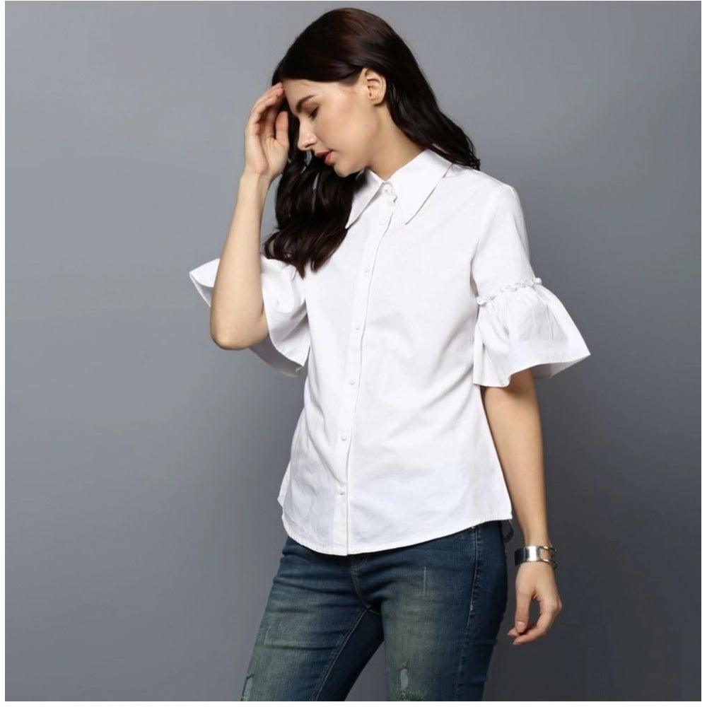 PKRKART Women's Cotton Solid Bell Sleeve Top (White)