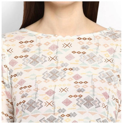 PKRKART Women's Rayon Crepe Printed Ruffle Sleeve Top (Off White - Red)