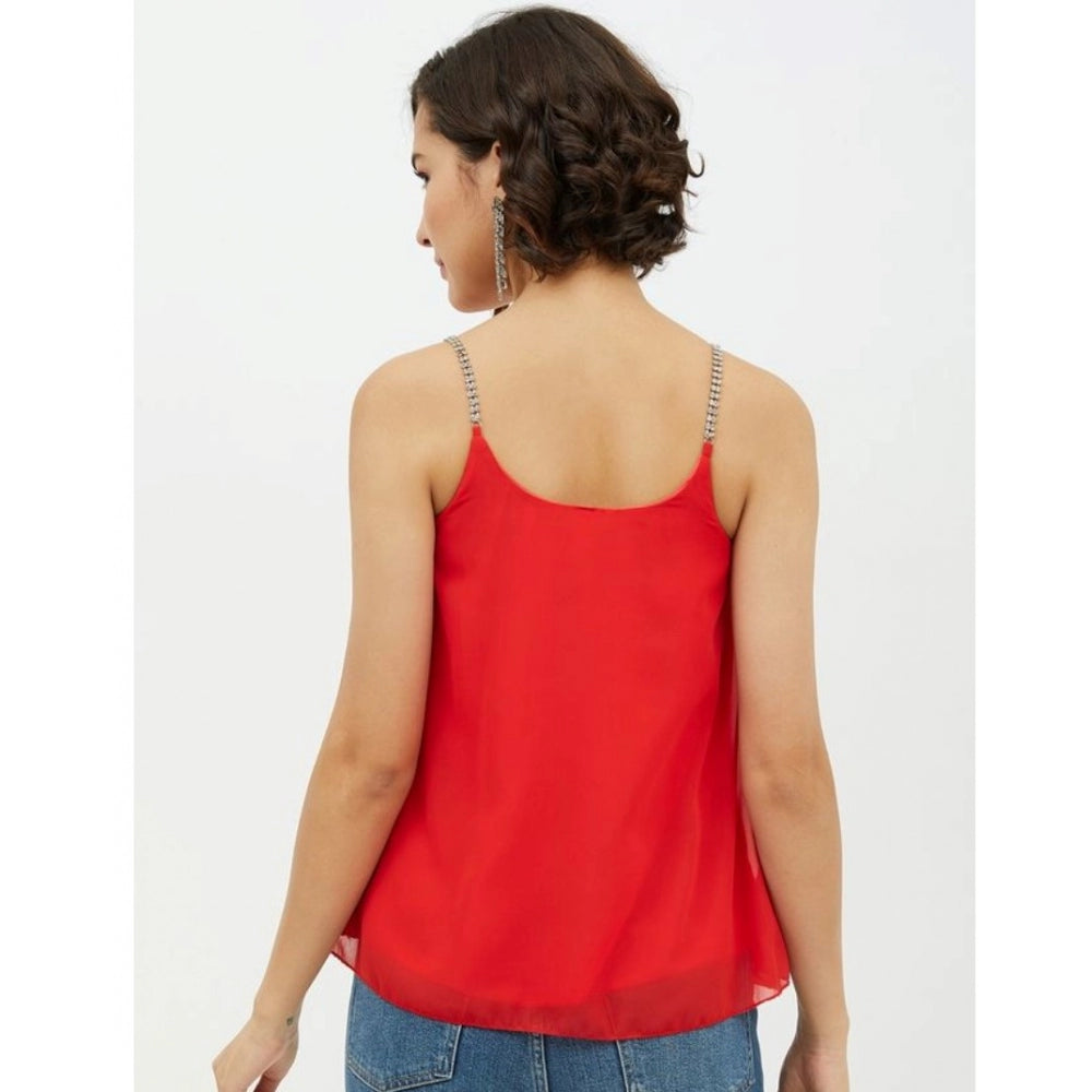 PKRKART Women's Polyester Embellished Shoulder Straps Top (Red)