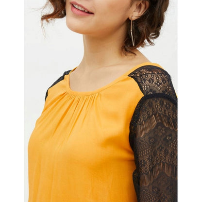 PKRKART Women's Rayon Lace Inserts Long Sleeves Top (Yellow)