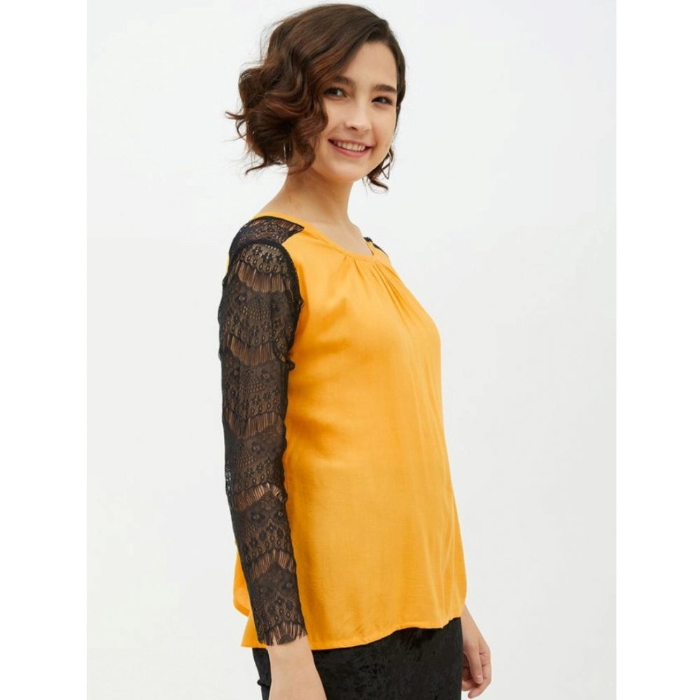 PKRKART Women's Rayon Lace Inserts Long Sleeves Top (Yellow)