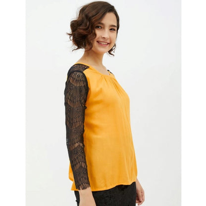 PKRKART Women's Rayon Lace Inserts Long Sleeves Top (Yellow)