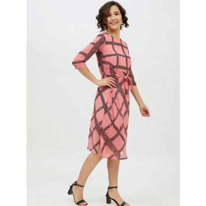 PKRKART Women's Polyester Checkered 3-4th Sleeves Below Knee Dress (Pink)
