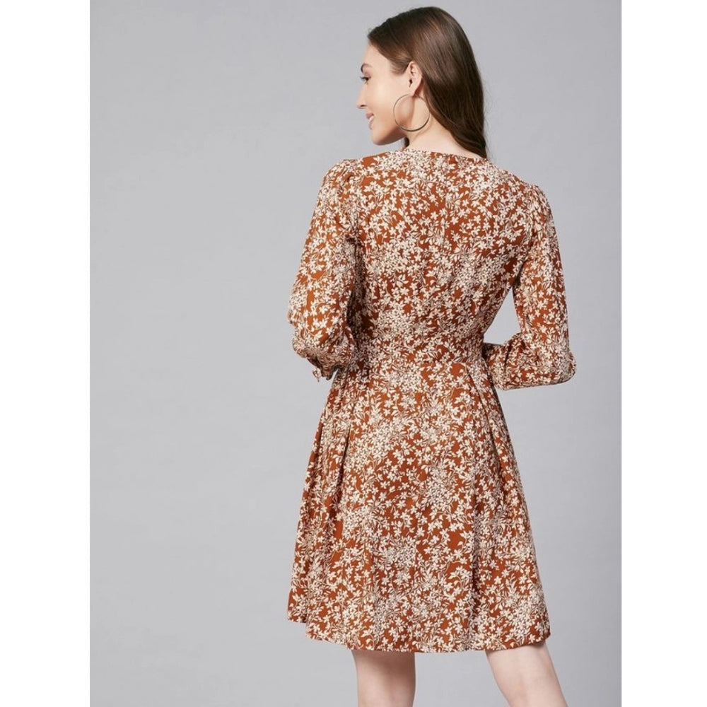 PKRKART Women's Polyester Floral Long Sleeves Above Knee Dress (Rust)