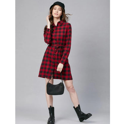PKRKART Women's Cotton Checkered Long Sleeves Above Knee Dress (Red - Black)