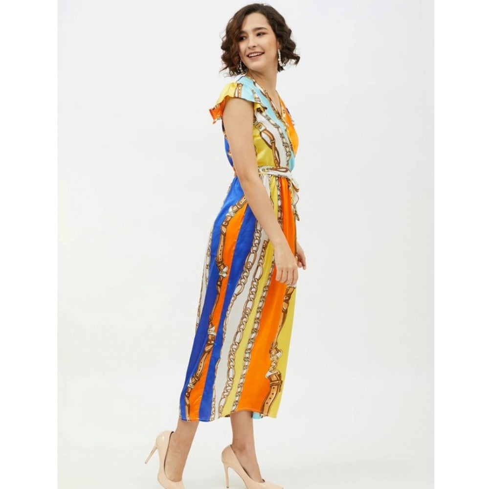 PKRKART Women's Satin Chain Print Cap Sleeve Calf-length Dress (Multicolor)