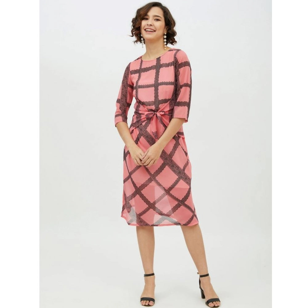 PKRKART Women's Polyester Checkered 3-4th Sleeves Below Knee Dress (Pink)