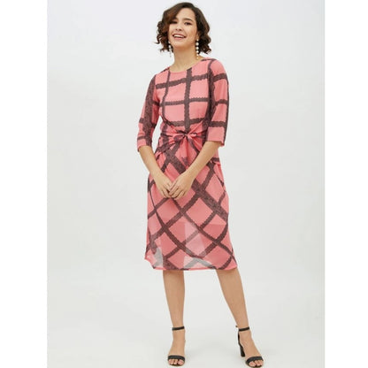 PKRKART Women's Polyester Checkered 3-4th Sleeves Below Knee Dress (Pink)