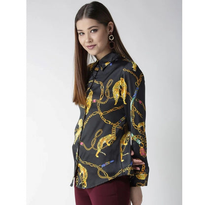 PKRKART Women's Satin Printed Long Sleeves Standard Length Shirt (Black - Gold)