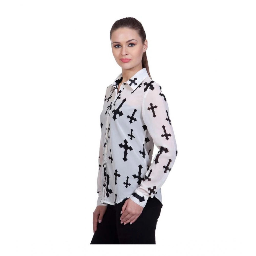 PKRKART Women's Polyester Printed Long Sleeves Standard Length Shirt (White)