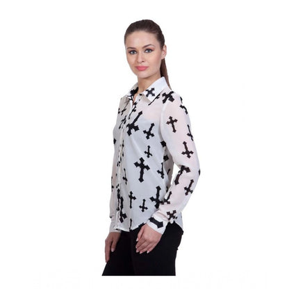 PKRKART Women's Polyester Printed Long Sleeves Standard Length Shirt (White)