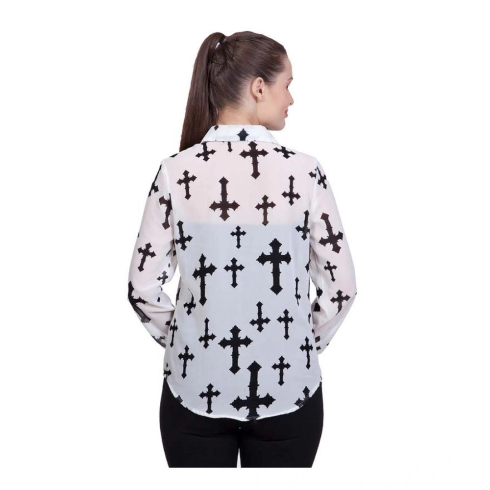 PKRKART Women's Polyester Printed Long Sleeves Standard Length Shirt (White)