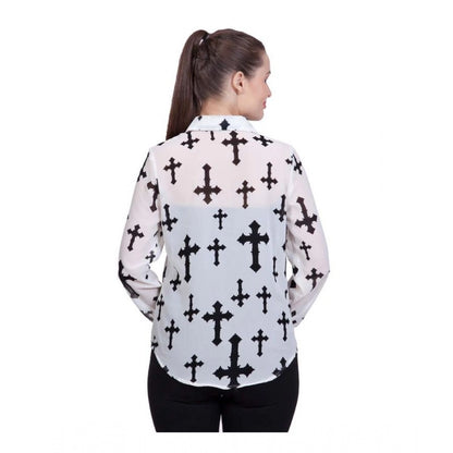 PKRKART Women's Polyester Printed Long Sleeves Standard Length Shirt (White)