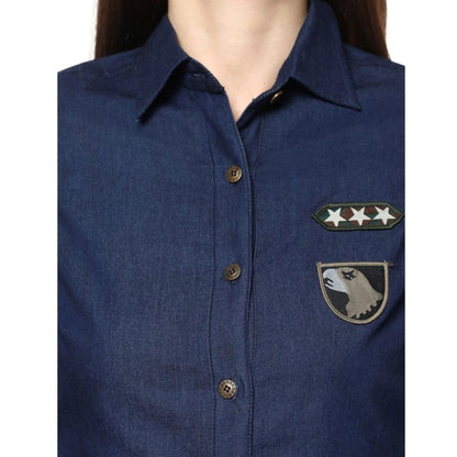 PKRKART Women's Denim Patch Work Long Sleeves Standard Length Shirt (Blue)