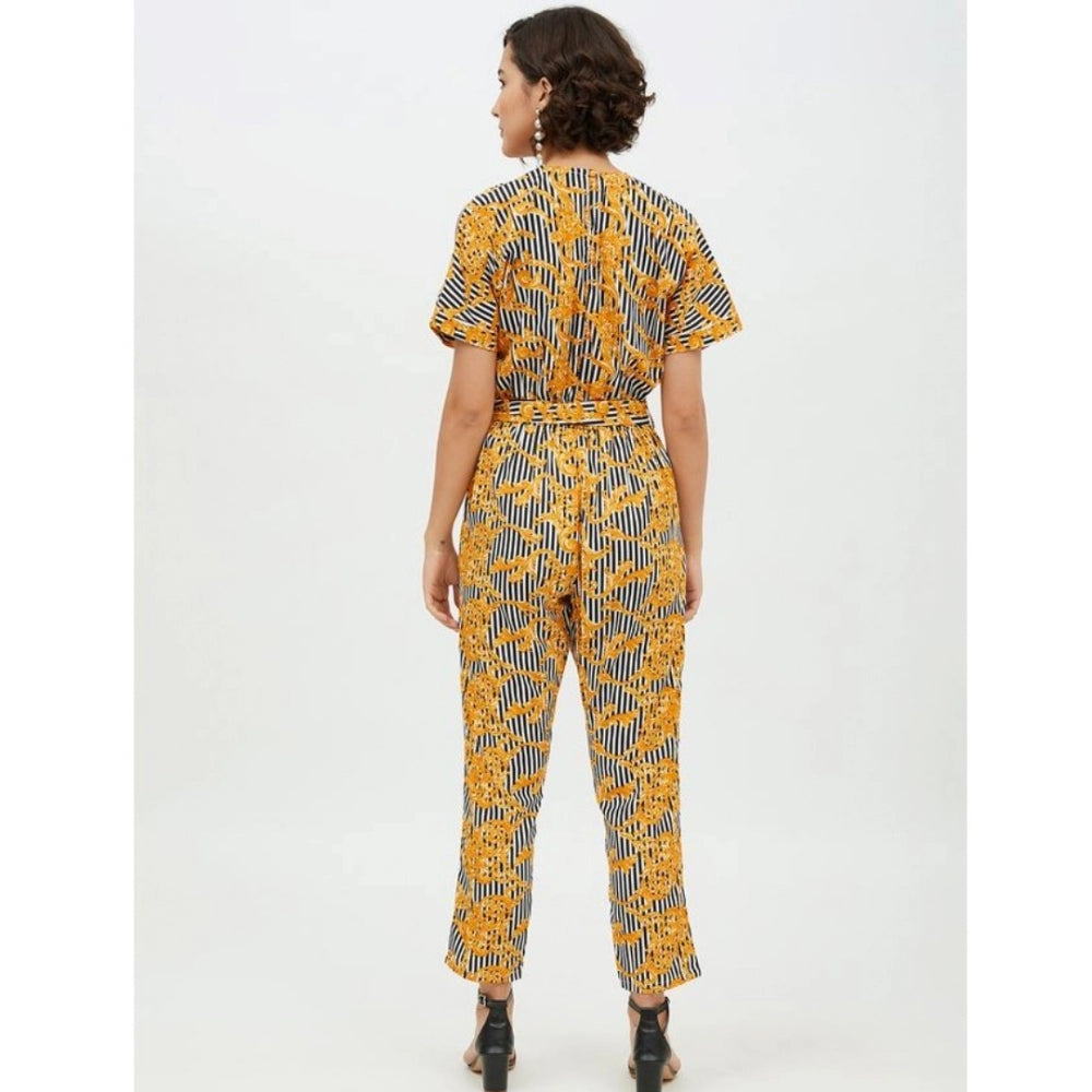 PKRKART Women's Polyester Printed Half Sleeve Long Jumpsuit (Yellow)