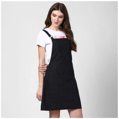 PKRKART Women's Denim Solid Shoulder Straps Above Knee Dungaree (Black)