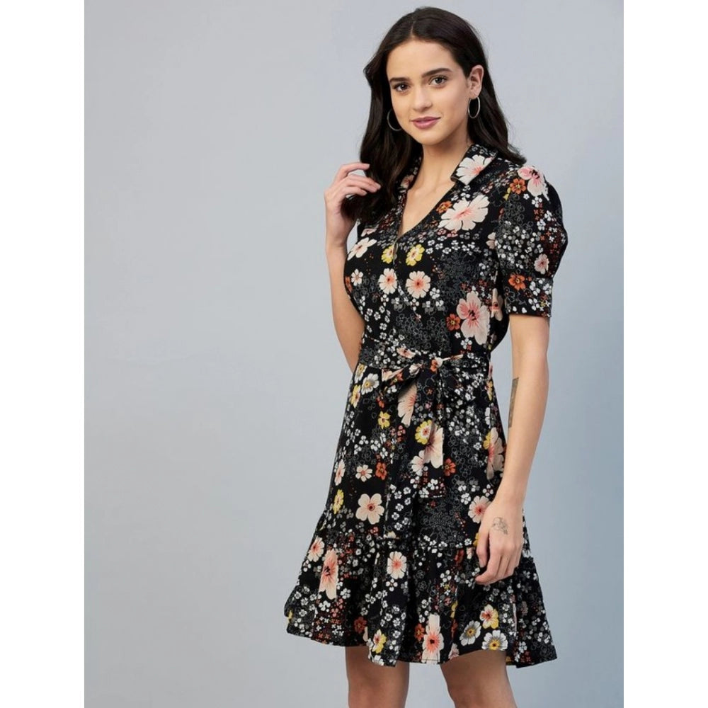 PKRKART Women's Polyester Floral Short Sleeve Above Knee Dress (Black)