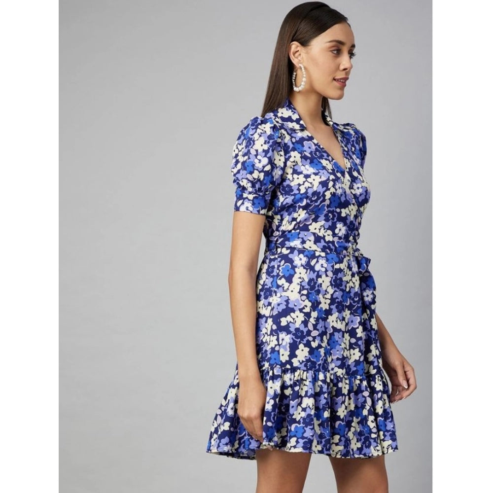 PKRKART Women's Polyester Floral Short Sleeve Above Knee Dress (Blue - Purple)