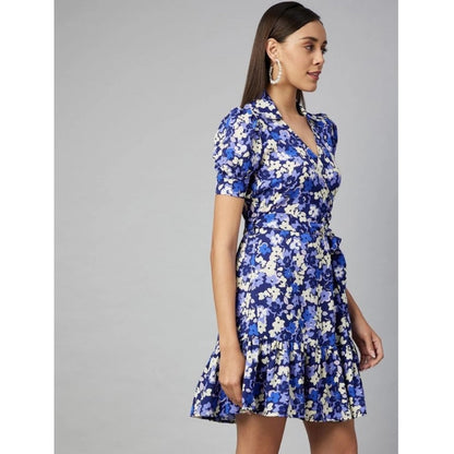 PKRKART Women's Polyester Floral Short Sleeve Above Knee Dress (Blue - Purple)