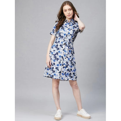 PKRKART Women's Polyester Floral Short Sleeve Above Knee Dress (Blue - White)