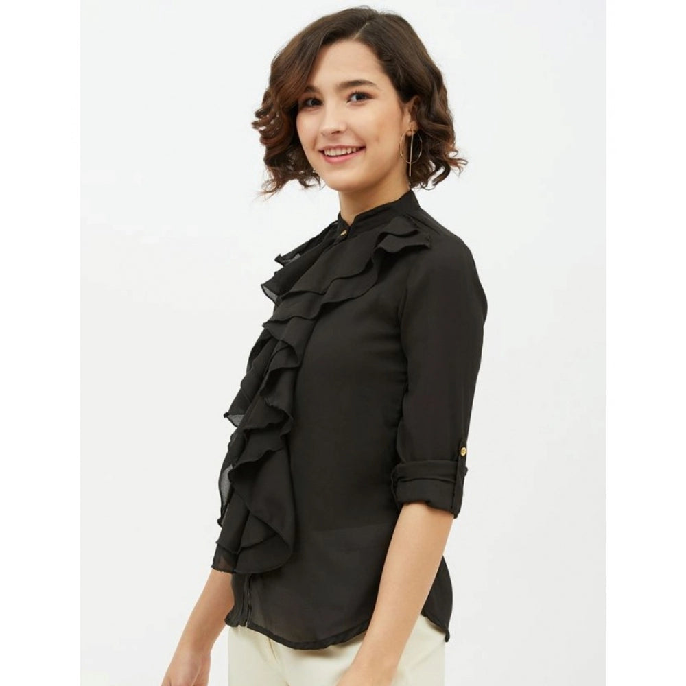 PKRKART Women's Polyester Ruffled Long Sleeves Standard Length Shirt (Black)