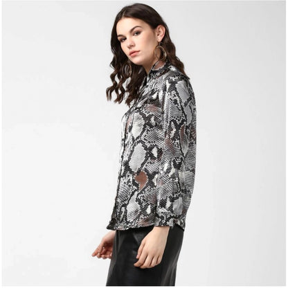 PKRKART Women's Satin Animal Print Long Sleeves Standard Length Shirt (Black - Grey)