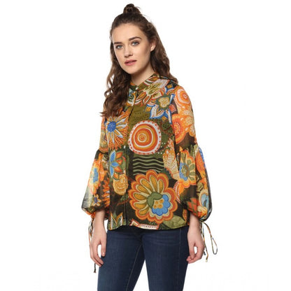 PKRKART Women's Polyester Floral Balloon Sleeve Top (Mustard - Olive)