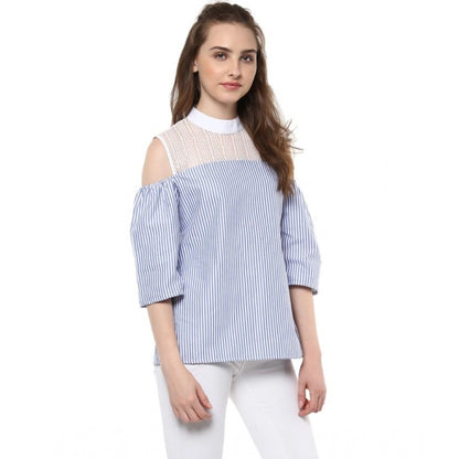 PKRKART Women's Cotton Striped Cold Shoulder Top (Blue)