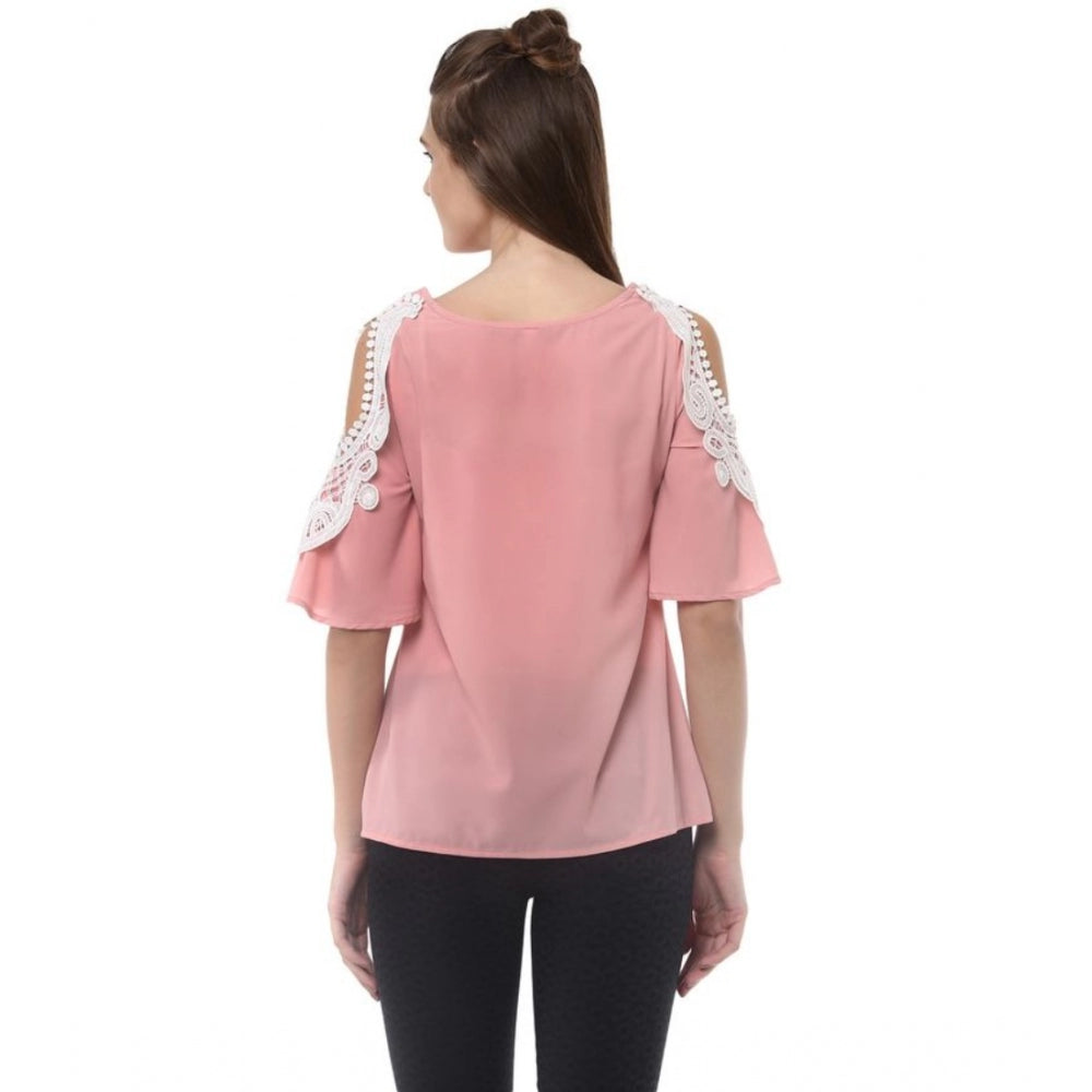 PKRKART Women's Polyester Lace Inserts Half Sleeve Top (Pink)