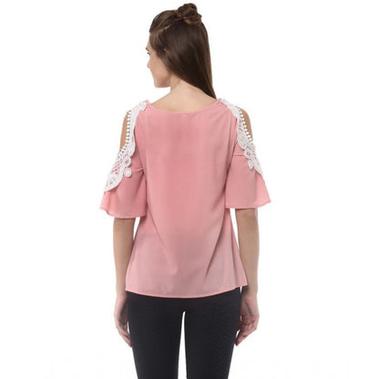 PKRKART Women's Polyester Lace Inserts Half Sleeve Top (Pink)