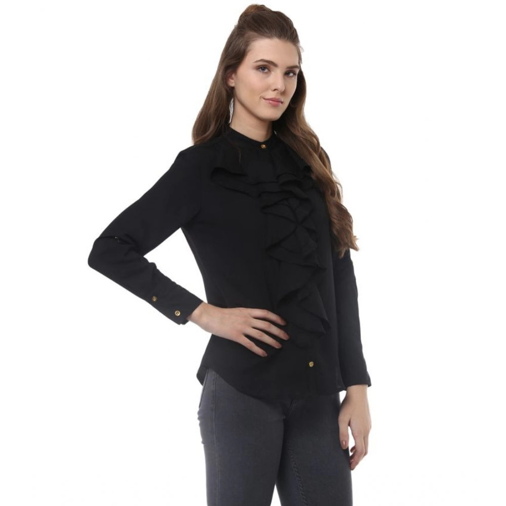 PKRKART Women's Polyester Ruffled Long Sleeves Top (Black)