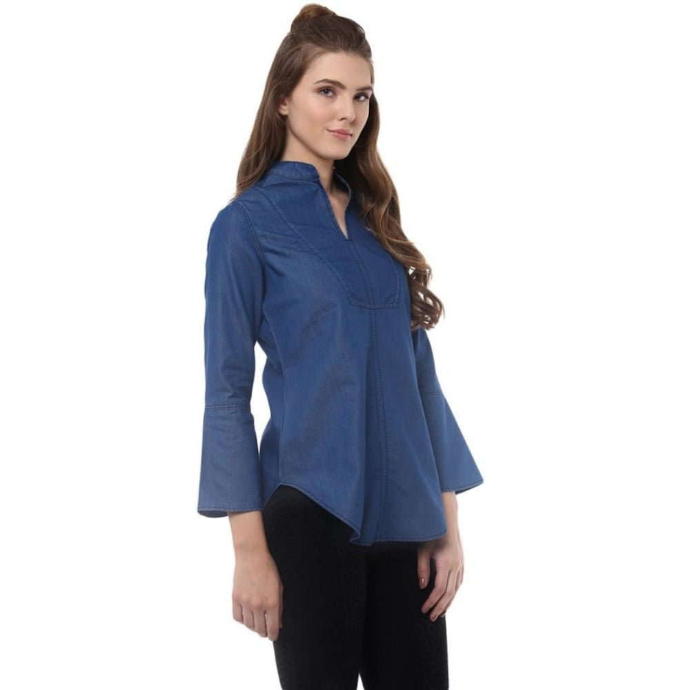 PKRKART Women's Denim Solid Bell Sleeve Regular Top (Blue Denim)