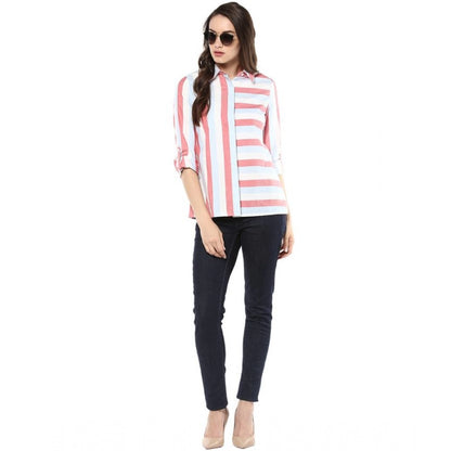 PKRKART Women's Cotton Striped Roll Up Sleeve Regular Top (Red)